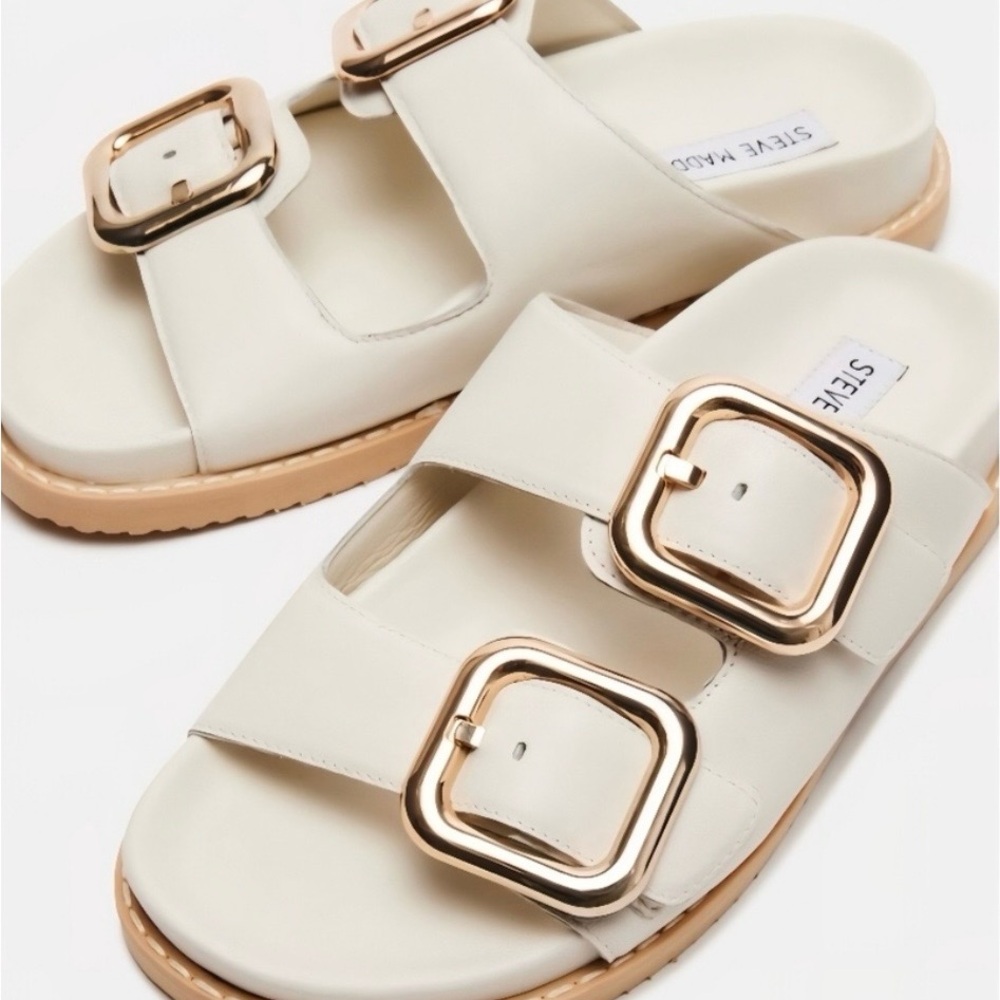 Steve Madden Off-White Slides with Gold Buckles